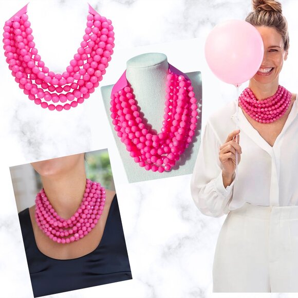 NEW Stunning Faceted Beaded 7-Strand Bib Statement Necklace - Fab in Fuchsia - Picture 1 of 5